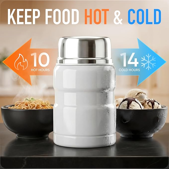 Earth&ME Stainless Steel Thermo For Hot Food 17OZ with Folding Spoon, Vacuum Insulated Food Container, Soup Thermo with Wide Mouth, Insulated Food Jar for Hot & Cold Food, White