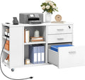 DWVO File Cabinet with Charging Station, 3 Drawer Mobile Office Furniture, Lateral Filing Cabinet with Lock, Printer Stand with Open Storage Shelf for Home Office, White