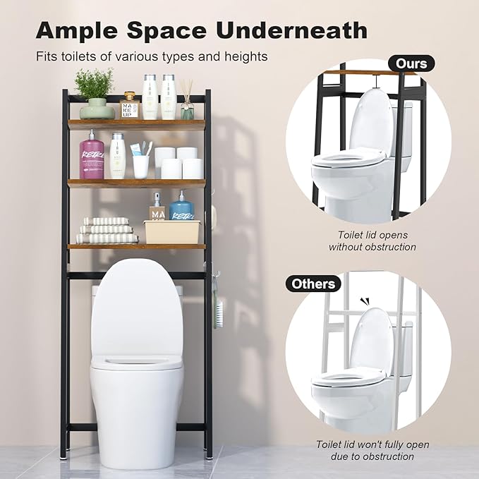 VASMIA Over The Toilet Storage Shelf,3-Tier Bathroom Organizer Over Toilet Storage Cabinet,Freestanding Space Saver with 3 Hooks Black and Rustic Brown