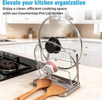 304 Stainless Steel Pot Lid Organizer & Spoon Rest, Pot Lid Holder Storage Rack for Kitchen Countertop, Multifunctional Stove Top Pot Cover Stand While Cooking