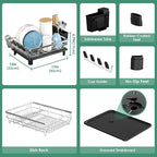MOUKABAL Dish Drying Rack, Dish Rack, Stainless Steel Dish Racks for Kitchen Counter, Dish Drainer with Removable Utensil Holder, Drainboard (Black,Stainless Steel,13''W x 17''L)
