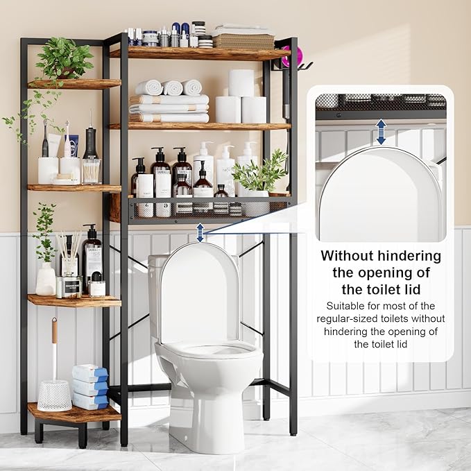 K1 Heavy Duty 7-Tier Over The Toilet Storage（With Basket and Paper Hook）Freestanding Above Toilet Shelf with Adjustable Feet，Space Saver Bathroom Shelves 9.3"D x 33.5"W x 63.8"H，Rustic Brown