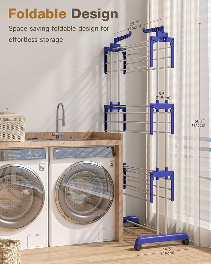 Bigzzia Clothes Drying Rack, Folding Stainless Steel Drying Rack Clothing Indoor Outdoor, Space-Saving, 4 Tier Laundry Drying Rack with Two Side Wings Grey Blue