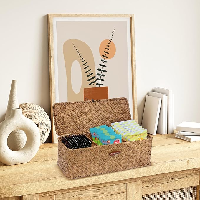 Seagrass Tank Basket with Lid with Rectangular Small Shelf Baskets Bin, Toilet Paper Basket with 3 Sections for Organize,Home Organizer Bin for Shelves Bathroom Closets Kitchen