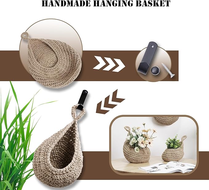 Hanging Fruit Basket Set of 3, Boho Wall Hanging Storage Basket for Organizing, Handmade Teardrop Hammock Holder for Fruit Vegetable in Home & Restaurant Kitchen with Hooks, Light Flaxen