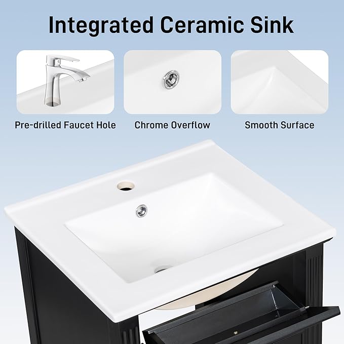 20 in Small Bathroom Vanity with Sink,Soft Closing Door,Tilt-Out Drawer and Adjustable Shelf,Solid Wood Modern Single Bathroom Sink Cabinet,Freestanding (Black)