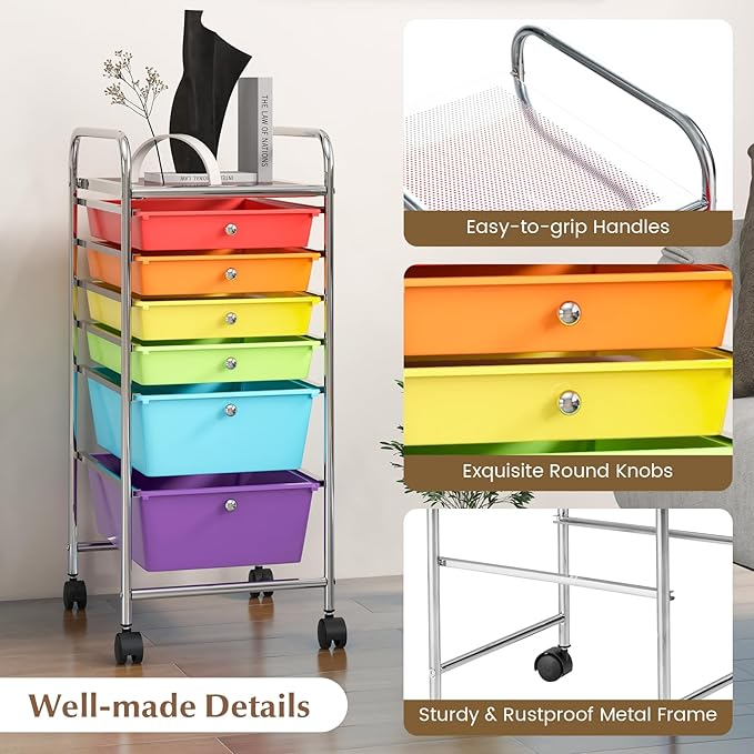 GOFLAME 6-Drawer Rolling Storage Cart, Multifunctional Art Craft Organizer Cart, Mobile Utility Storage Cart with Removable Drawers & Lockable Wheels, Craft Cart for Home Office, School, Multicolored