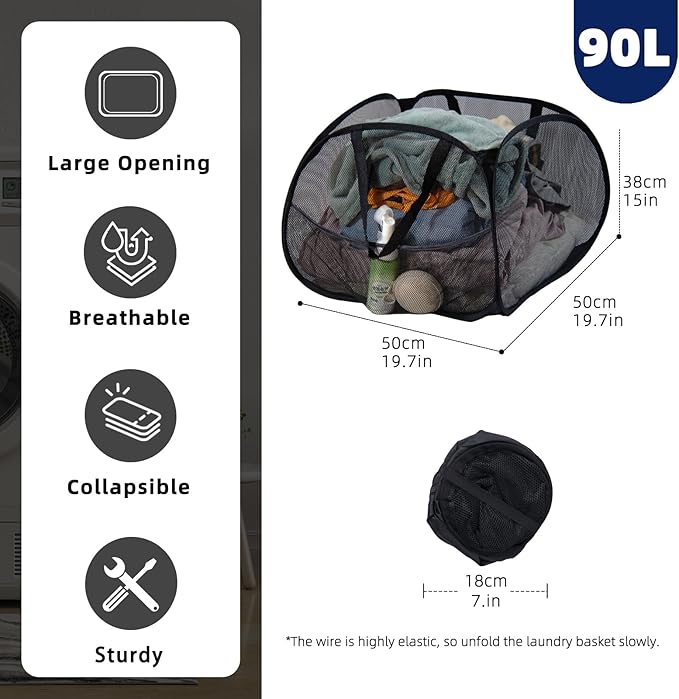 Collapsible Laundry Basket 90L, Foldable Mesh Pop-up Laundry Hamper with Handles, Dirty Clothes Hamper for Laundry with Side Storage Pocket(Black, 2PCS)