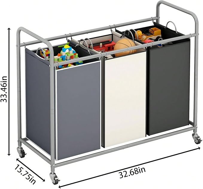 3-Bag Laundry Sorter Cart with Rolling Lockable Wheels, Removable Bags, 32.68 x 15.75 x 33.46 in, Black, Beige and Grey (Assorted)