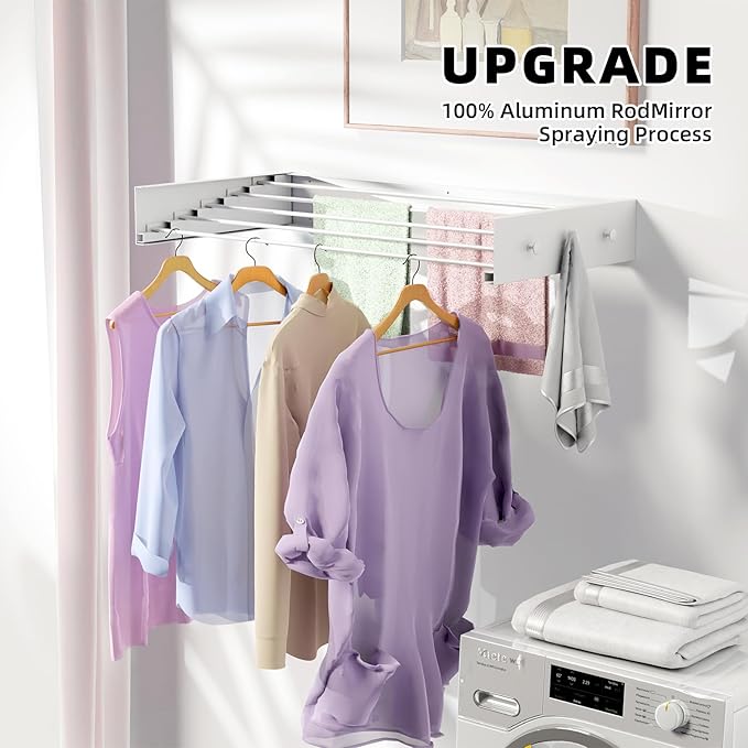 Upgrade Wall Mounted Drying Rack with 6 Hooks, 31.5" Foldable Laundry Rack, 5 Rods & Hooks Space Saver for Bathroom, Collapsible Clothing Rack with Template for Indoor Outdoor (White)