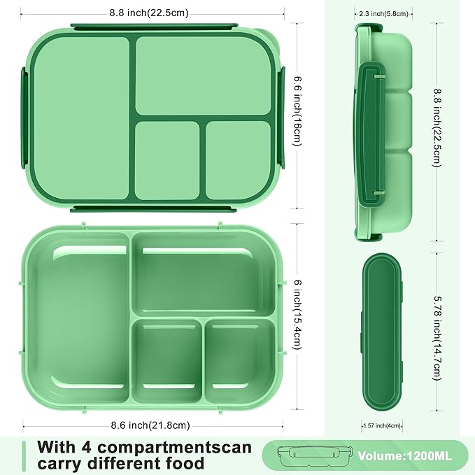 Lunch Box Kids,Bento Box Adult,Leakproof Lunch Containers for Adults/Kids/Toddler,1200ML-4 Compartments bento Lunch box with Utensil,Microwave & Dishwasher & Freezer Safe (Cyan)