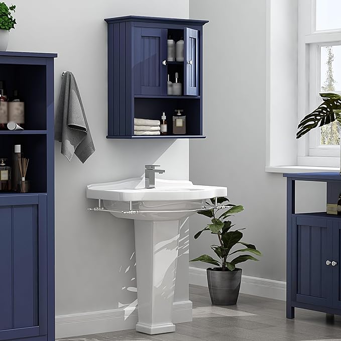 Treocho Wood Wall Cabinet, Bathroom Medicine Cabinet Storage with Doors and Adjustable Shelf, Rustic Cabinet Wall Mounted for Bathroom, Living Room, Kitchen, Blue