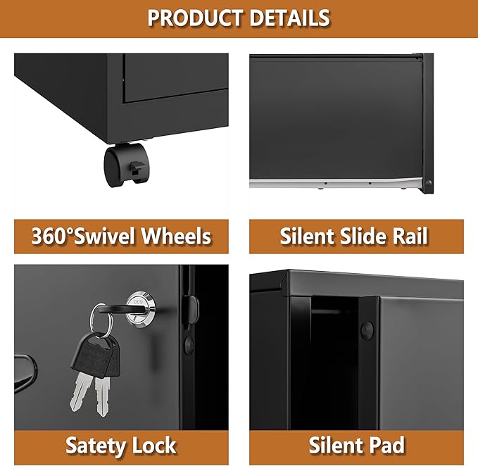 2 Drawer File Cabinet on Wheels, Mobile Two Drawer Filing Cabinet with Lock, Small Rolling Files Cabinets for Under Desk, Metal Filing Cabinets for Letter Size Folders - Assembly Required