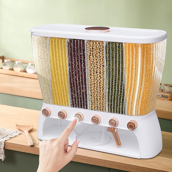 Dry Food Dispenser Wall Mounted 6 Grid Rice Dispenser Kitchen Storage