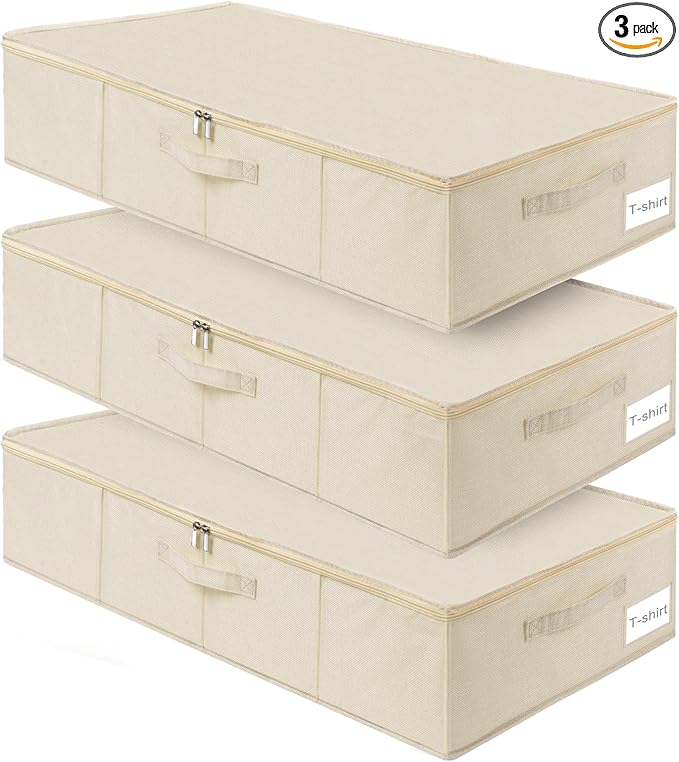 punemi Underbed wedding dress storage box, 2 Pack Clothing Storage Bags W/Upgraded Handles, Large Capacity Underbed Shoe Container Organizer for Blanket, Pillows, Comforters & Quilts, Beige