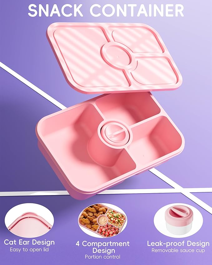 4 Pcs Bento Snack Box Containers, 4 Compartment Divided Stackable Food Storage Containers with Lids, Meal Prep Lunch Container with Sauce Cups