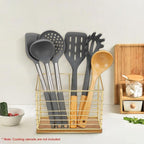 Utensil Holder for Kitchen Counter, Metal Utensil Holder Rack for Kitchen Countertop, Cooking Tools Storage for Spatula, Utensil Organizer with Wooden Base, and Drainage Hole (Gold Wooden)
