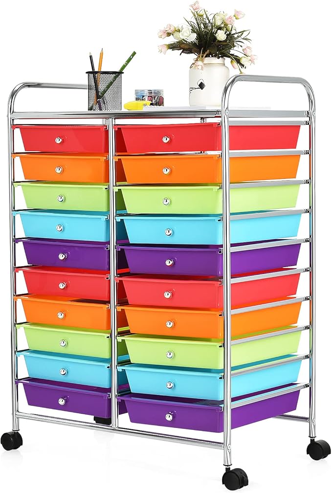 GOFLAME 20-Drawer Rolling Storage Cart, Multifunctional Art Craft Organizer Cart, Mobile Utility Storage Cart with Removable Drawers & Lockable Wheels, Craft Cart for Home Office School, Multicolored