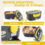 Buddew Electric Lunch Box 80W Food Heater for Adults, 12/24/110V Portable Lunch Warmer Upgraded Heated Lunch Box for Car/Truck/Office with SS Fork&Spoon and Insulated Carry Bag(Yellow)