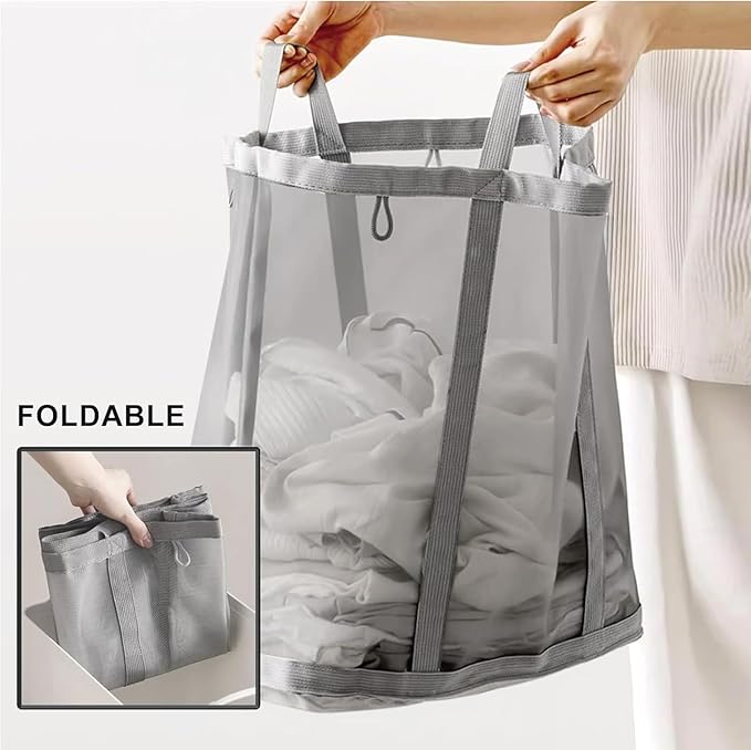 Mesh Bag with Handles, Collapsible Laundry Basket, Foldable Laundry Bag, Breathable Folding Beach Bag,Space-saving Travel Tote Bags (2, Grey&Black)