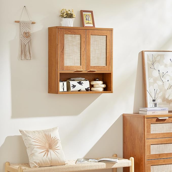 LEYAOYAO Rattan Bathroom Wall Cabinet, Boho Medicine Cabinet with Adjustable Shelf & Doors, Over The Toilet Storage Cabinets Organizer for Laundry Room, Kitchen, Living Room, Tea Brown