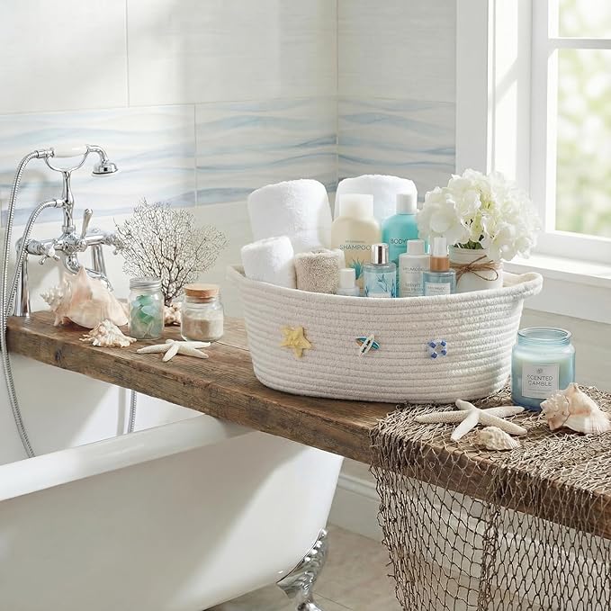 Remerry Boho Coastal Toilet Paper Storage Basket, Cute 3D Starfish Ocean Decor Cotton Rope Bathroom Storage Basket, Beach Bathroom Organizer Bin for Toilet Tank Counter Shelf Nursery, 12 x 8 x 5 Inch