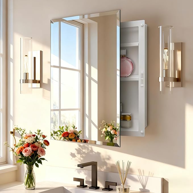 Plastic Medicine Cabinet with Mirror 17x27 inch, Recessed Medicine Cabinet or Surface Wall Mount Bathroom Cabinets with Adjustable Shelves, Beveled Edge Mirror Cabinet