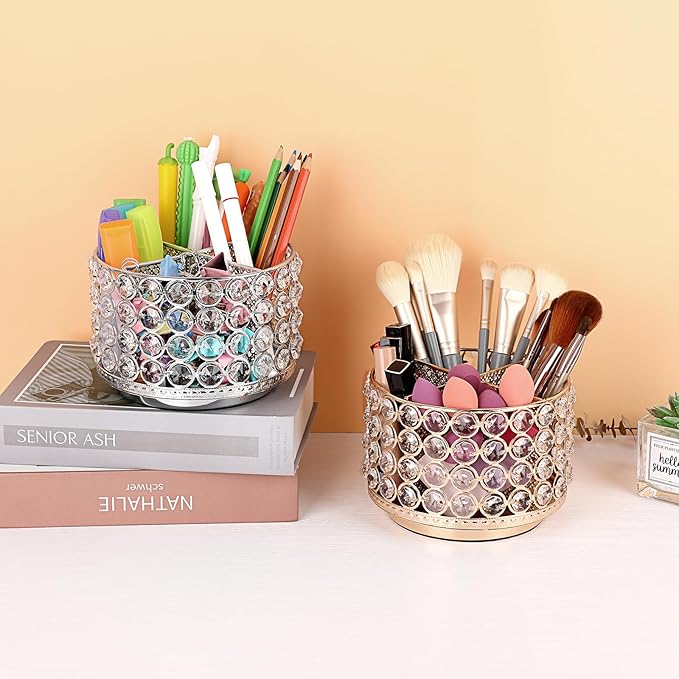 BTSKY Crystal 360 Degree Rotating Desk Organizer Decorative Storage Box with 4 Compartments, Glitter Metal Makeup Brush Holder Elegant Storage Caddy Home Decor Gift for Women, Round-4 Slots Silver