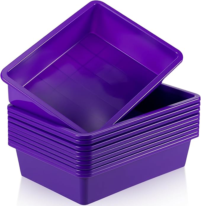 Hoteam 10 Pcs Flat Storage Organizer Tray Bin Letter Size Paper Tray for Classroom Plastic Stackable File Organizer for School Office Teacher Book Organization（ Purple, 13.78 x 9.84 x 3.15 Inch）