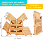 Bamboo Dish Drying Rack, 3 Tier Collapsible Wooden Dish Drainer Rack with Utensil Holder, Plate Rack for Kitchen Counter, Large Folding Drying Holder 51 pcs Grid