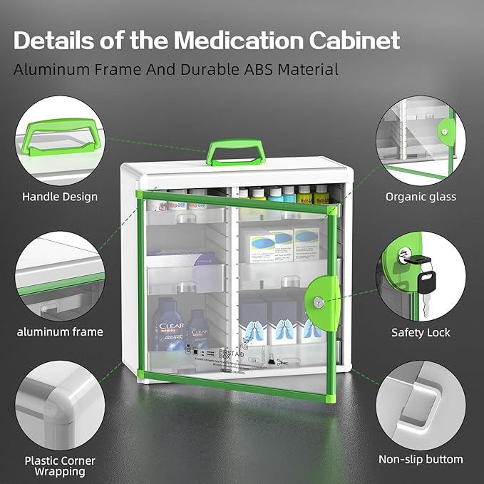 Glosen Medicine Cabinet with Key Wall Mounted Medication Lock Box 【 Green 15x 6.7 x 13 Inch】 Portable Storage Container Big Capacity