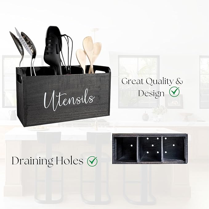 Black Kitchen Utensil Holder for Countertop – Large 3-Compartment Wooden Organizer & Caddy with Drain Holes, Farmhouse Kitchen Counter Utensil Holder, Rustic Wood Storage for Spoons, Spatulas & Tools