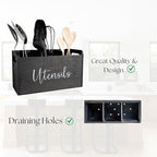 Black Kitchen Utensil Holder for Countertop – Large 3-Compartment Wooden Organizer & Caddy with Drain Holes, Farmhouse Kitchen Counter Utensil Holder, Rustic Wood Storage for Spoons, Spatulas & Tools