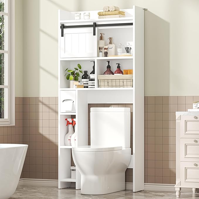 Semoic Over The Toilet Storage Cabinet, Over The Toilet Shelf with Sliding Door & Toilet Paper Holder Stand, Bathroom Above Toilet Storage, Home Space-Saving Toilet Rack for Bathroom, Restroom,White