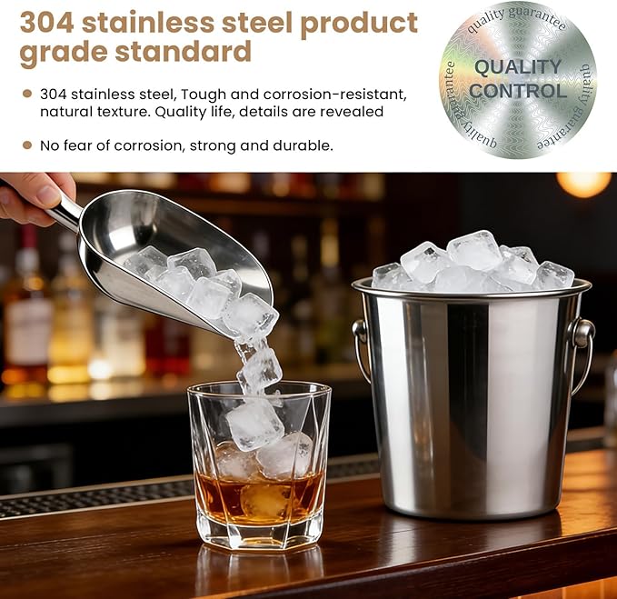 304 Stainless Steel Ice Scoop - 8oz Heavy Duty Ice Shovel for Freezer & Ice Maker, Commercial Scooper for Kitchen, Bar, Party Ice Bucket (Sleek Silver)
