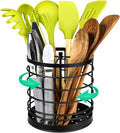 KOLUTI 360° Rotating Kitchen Utensil Holder Organizer, 7.2" x 7" Extra Large Cooking Tool Storage Round Caddy, Weighted Base with Drain Hole, Wire Metal Flatware Crock for Countertop, Paint Black