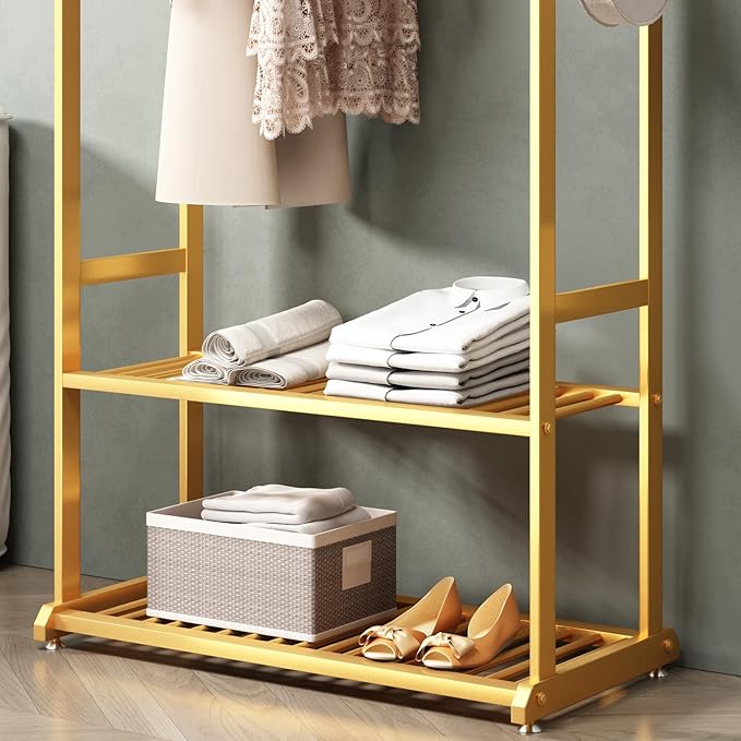 Gold Clothing Rack,Metal Garment Rack with Bottom Storage Shelves and 6 Side Hooks,modern Sturdy clothes racks for hanging clothes,Freestanding Wardrobe Rack for Bedroom or Boutique (L:23.6in)