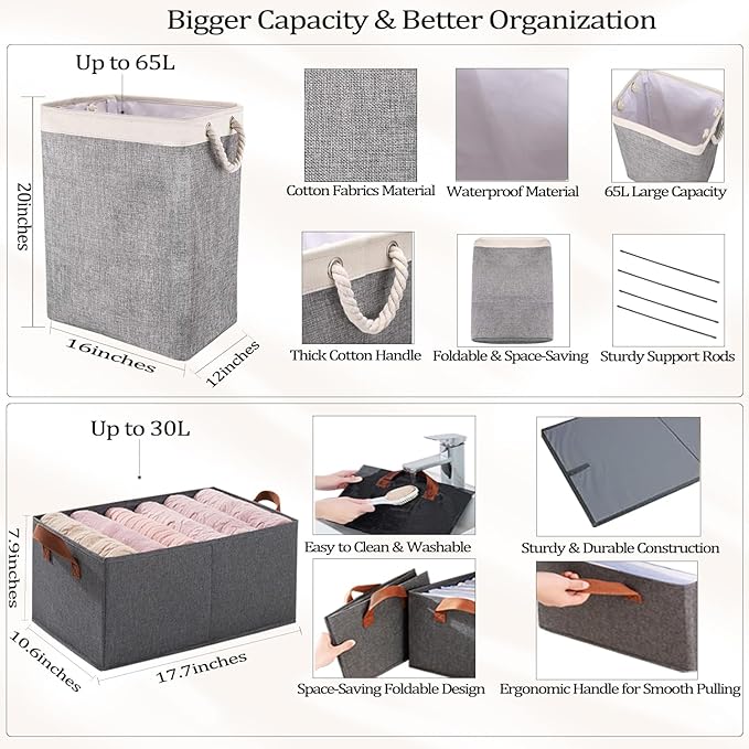Large Collapsible Laundry Basket Hamper with Easy Carry Handle 65L, 5 in 1 Freestanding Clothes Hamper for Laundry, with Laundry Bags, Absorbing film, Storage Bin, Hanging Underwear Organizer