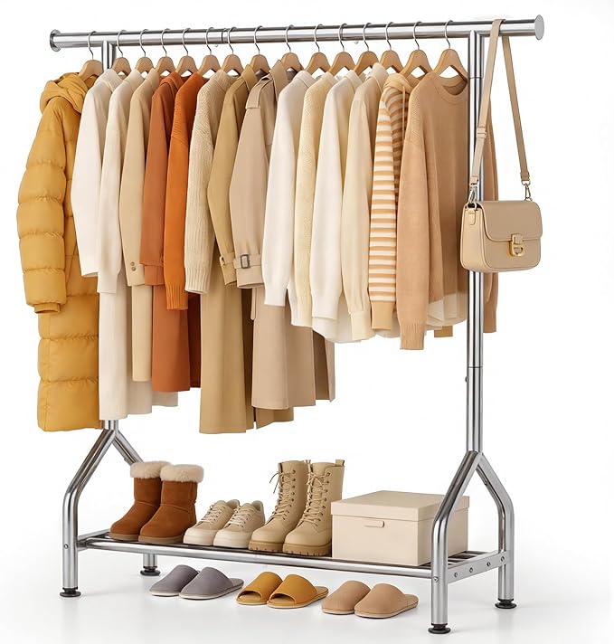 EAGMAK Sturdy Clothing Racks for Hanging Clothes – Metal Clothes Rack with Shelf, Portable Garment Rack for Closet Storage, Laundry Drying & Small Space Clothes Organization, Silver