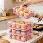 Cupcake Carrier Stackable Storage Container Collapsible Cake Carrier with Lid and Handle, with 50 PCS Cupcake liners,Reusable Plastic Dessert Travel Container,Transport Box (48 Cupcakes Pink)