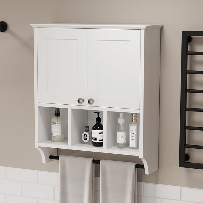 Bathroom Medicine Cabinet, Bathroom Cabinet Wall Mounted Over-The-Toilet with Towel Bar, 2 Doors & 3 Open Shelves, White