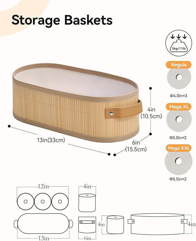 Toilet Paper Storage Basket Bathroom Counter Organizer Bamboo Baskets for Organizing, with Lid & Handels-Decorative Storage Set, 4-Pack