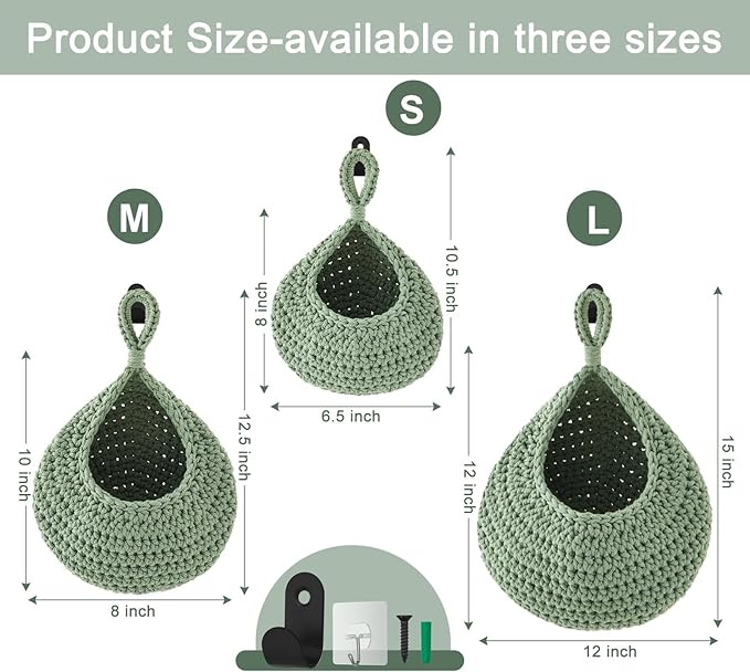 Honeydak Boho Decor Hanging Wall Baskets for Kitchen 3 Pack Teardrop Baskets with Hooks Storage Fruit Onion Vegetable Potato for Home 3 Sizes