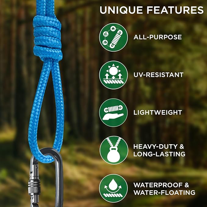 TECEUM Rope – 150 Feet x 1/4 Inch (7mm) – Sky Blue – Strong All-Purpose Utility Rope – Camping, Crafting, Flag Pole, Indoor & Outdoor – Polypropylene Nylon Poly Lightweight Diamond Braided Cord