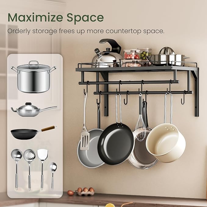 Hanging Pot Rack, Wall-Mounted Pot Rack, Kitchen Cookware Organizer, Metal Pot and pan Organizer Holder, for Cookware, Utensils Organization, Black TPR37BB