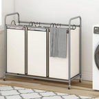 3-Bag Laundry Sorter Cart with Rolling Lockable Wheels, Removable Bags, 32.68 x 15.75 x 33.46 in, Black, Beige and Grey (Beige)
