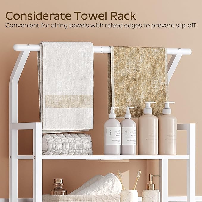 2-Tier Over The Toilet Storage, Multifunctional Vertical Over Toilet Bathroom Organizer, Freestanding Bathroom Storage Shelves with Hooks, Bathroom Organizer, Rustic Brown and Black TR01WT
