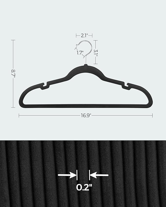 SONGMICS Velvet Hangers 100 Pack, Non-Slip Clothes Hangers with Shoulder Notches, Pants Bar, 360° Swivel Hook, Space-Saving, for Closet, Ink Black UCRF029B010