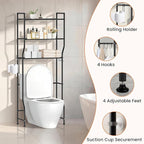 Over The Toilet Storage, 3-Tier Heavy Duty Metal Bathroom Organizer and Storage Rack, Space-Saving Above Toilet Cabinet Shelf with Paper Holder & 4 Hooks, Black