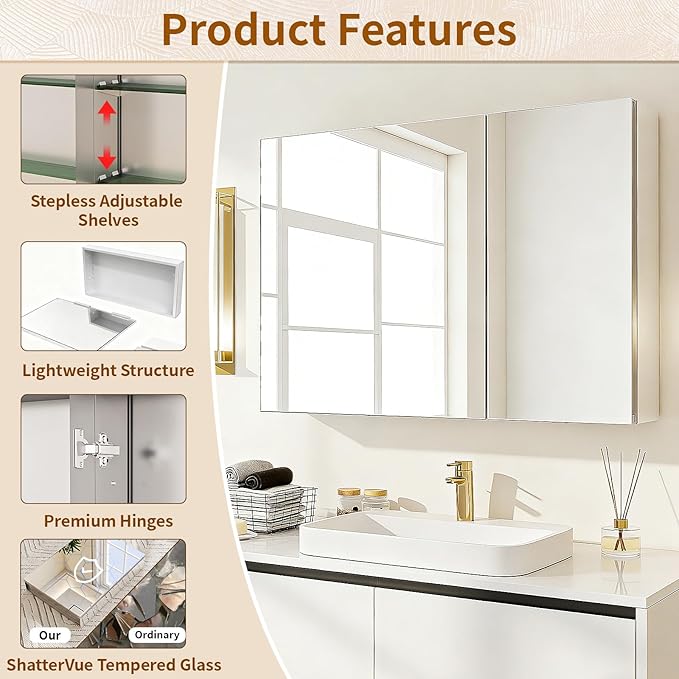BEAUTYPEAK Bathroom Medicine Cabinet Mirror with Storage, 30 Inch x 26 Inch Silver Medicine Cabinet with Double Door & Adjustable Shelves for Vanity, Tempered, Aluminum Surface, Wall-mount or Recessed